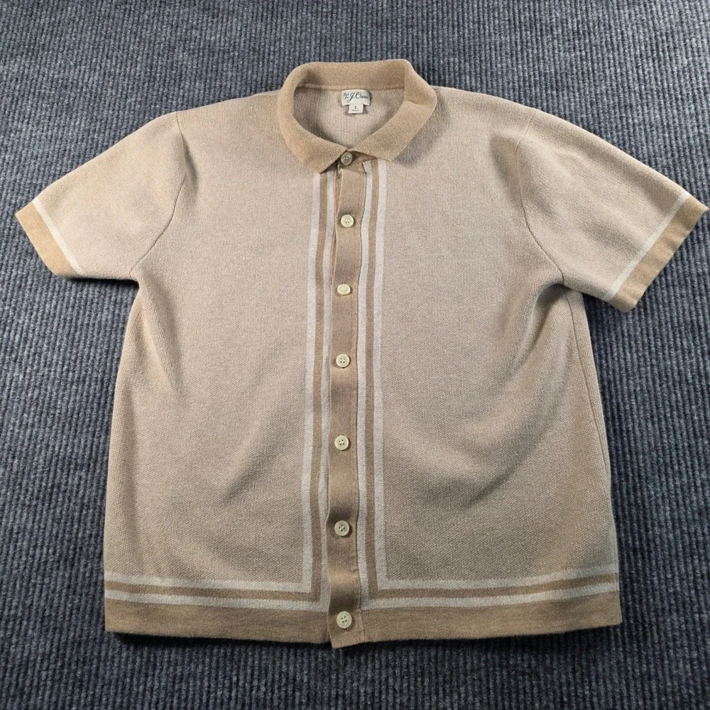 J. Crew Mens Knit Button Front Polo Shirt Tan Beige Striped Short Sleeve Large